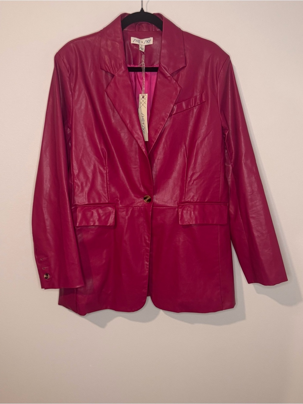 NWT She + Sky Faux Leather Blazer Womens Large Fuchsia Pink Button Front Jacket